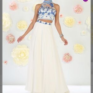 Ivory & Royal Blue High Neck Gown